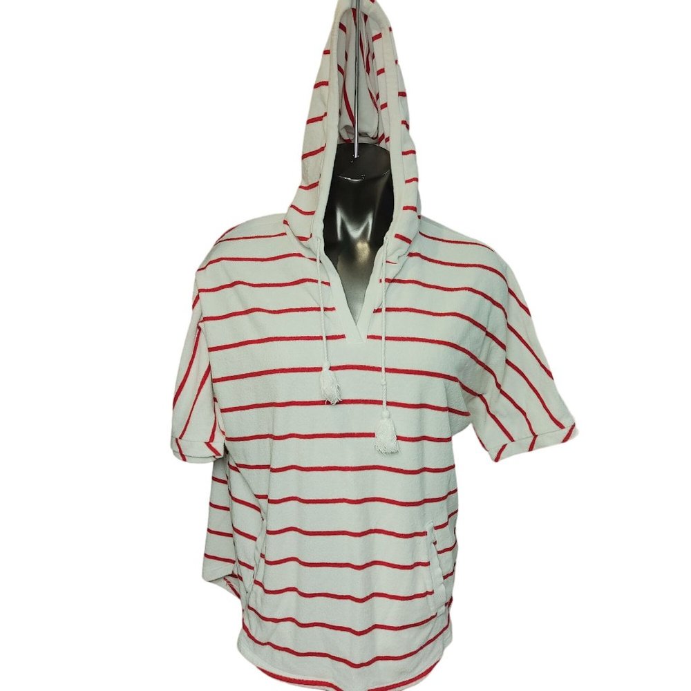 Cable & Gauge Women's White/Red Stripped Short Sleeve Terry Sweater Large